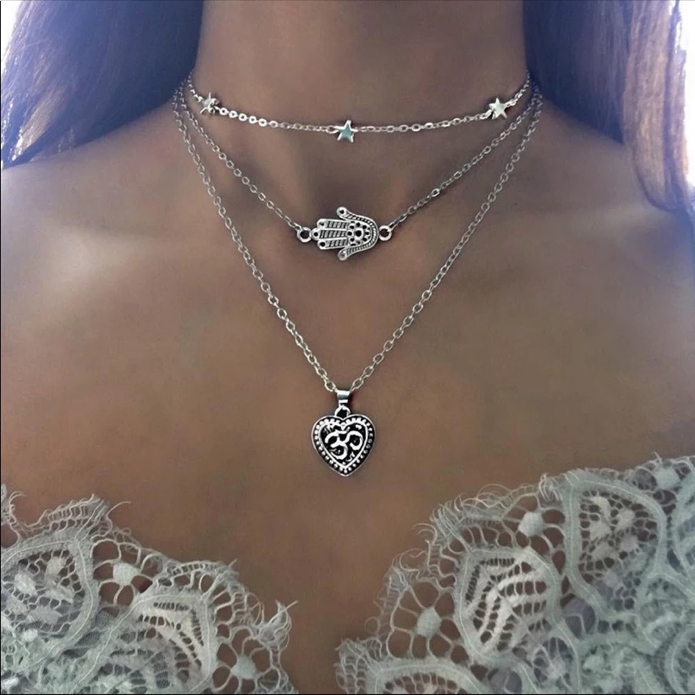 Multilayer boho hamsa/heart choker